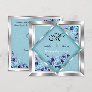 Convites Elegante Noivado Teal Rosas Roxas Buquê Prata