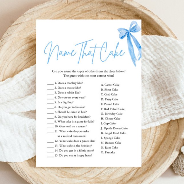Convites Elegante Nome Do Arco Azul Que Joga O Chá de panel (Modern Elegant Watercolor Blue Bow Name That Cake Bridal Shower Game)