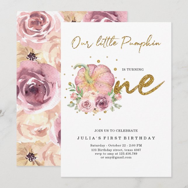 Convites Elegante Nosso Pequeno Pumpkin Primeiro Aniversári (Frente/Verso)
