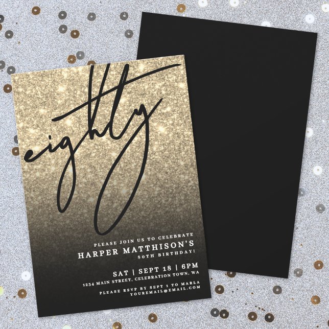 Convites Elegante Oitenta Aniversário de 80 anos Dourado (Elegant Eighty Gold 80th Birthday Party Invitation)
