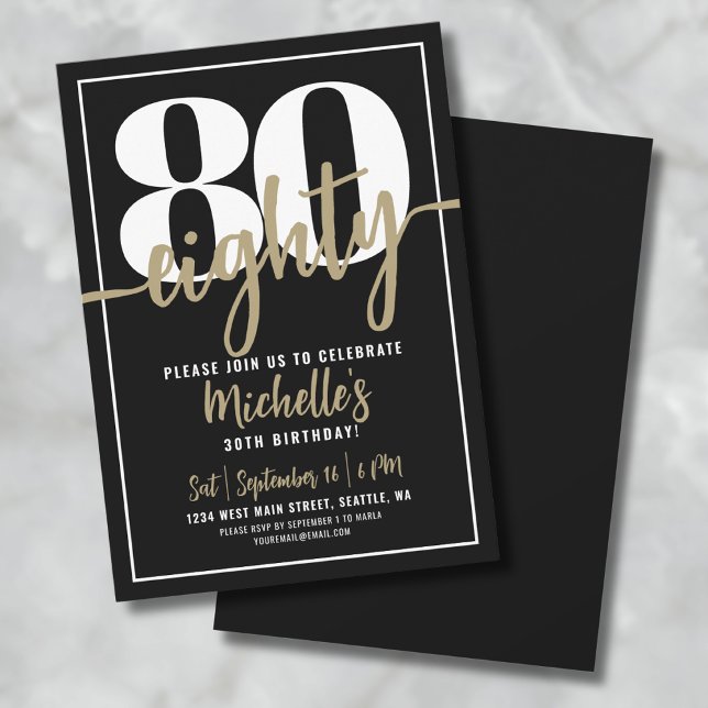 Convites Elegante Oitenta Aniversário de 80 anos Dourado (Black Gold 80th Birthday Party Invitation)