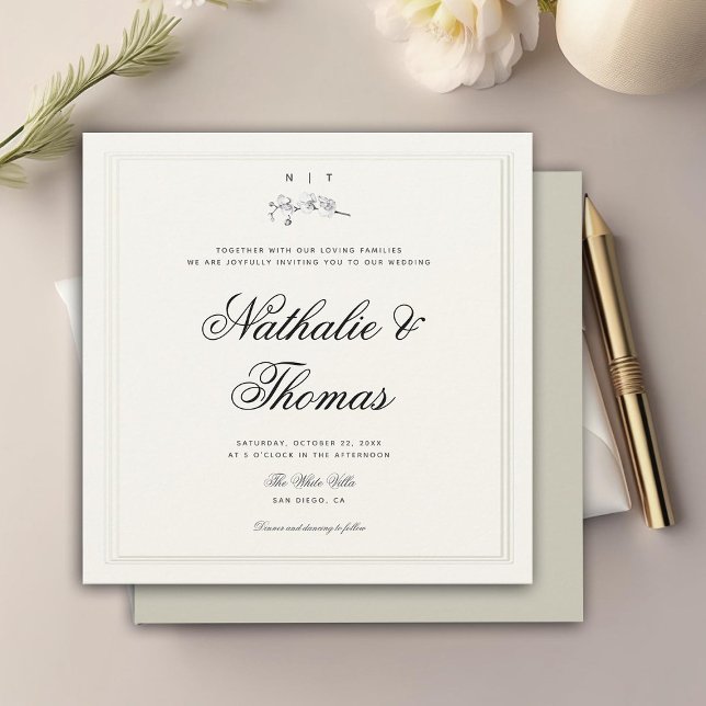 Convites Elegante Orchid Crest Faux Embossed Ecru Wedding (elegant white orchids crest monograms wedding invitation modern classic all seasons winter summer )