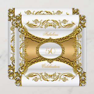 Convites Elegante Ornamentado Branco Dourado Fabuloso 50º a