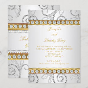 Convites Elegante Ouro Branco Diamante Pérola Festa de Aniv