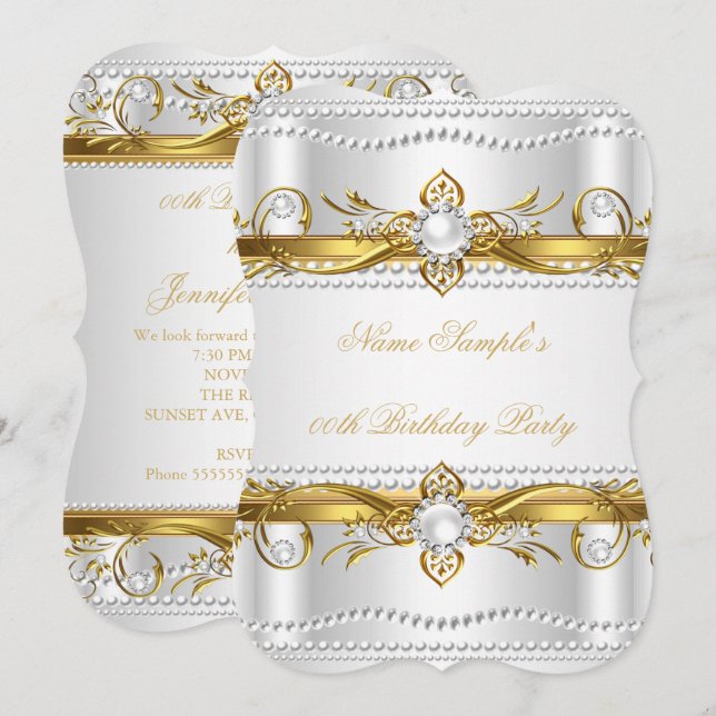 Convites Elegante Ouro Branco Pérola Seda Aniversário (Frente/Verso)