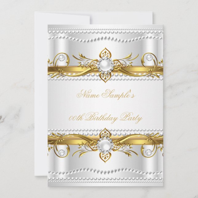 Convites Elegante Ouro Branco Prata Pérola Seda Aniversário (Frente)