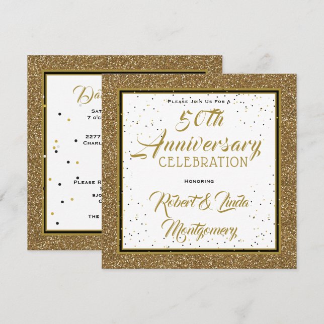 Convites Elegante Ouro de Aniversário de 50 anos (Frente/Verso)