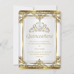 Convites Elegante Ouro Pérola Branca Princesa Quinceanera