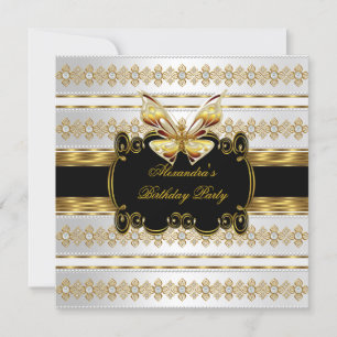 Convites Elegante Ouro Preto Branco Listra de Joia Borbolet