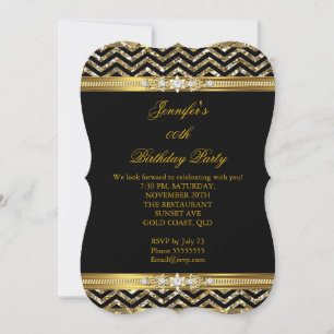 Convites Elegante Ouro Preto Chevron Diamante Aniversário 2