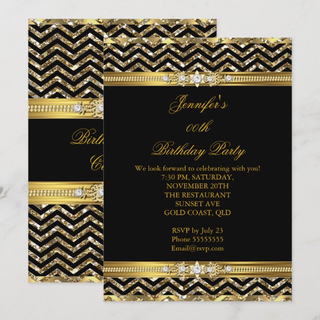 Convites Elegante Ouro Preto Chevron Diamante Aniversário 2 (Frente/Verso)