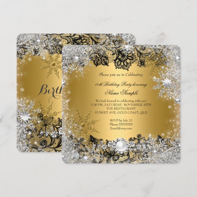 Convites Elegante Ouro Preto Renda Floco de Neve Prateado A (Frente/Verso)
