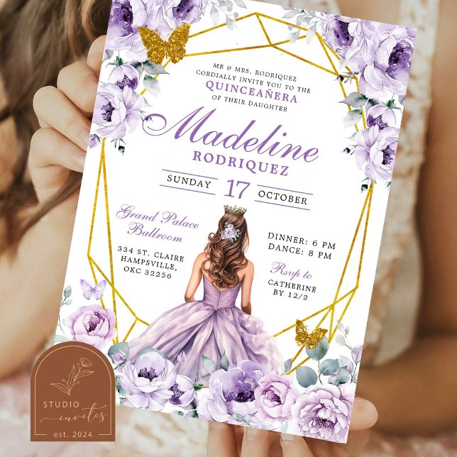 Convites Elegante Ouro Roxo Princesa Mexicana Quinceanera (Criador carregado)