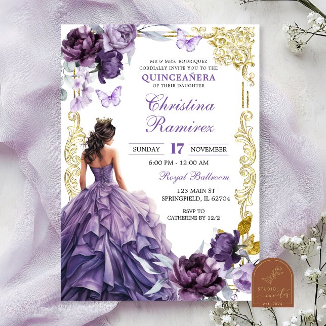 Convites Elegante Ouro Roxo Princesa Quinceanera (Criador carregado)