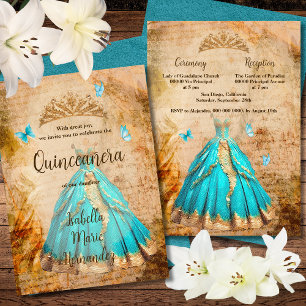 Convites Elegante Ouro Turquesa Vintage Quinceañera