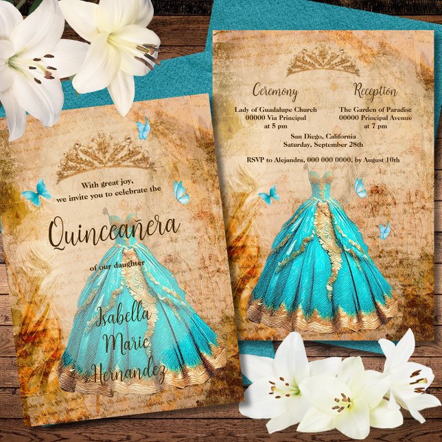Convites Elegante Ouro Turquesa Vintage Quinceañera (Criador carregado)