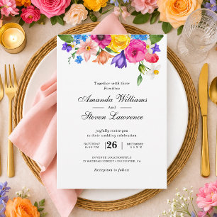 Convites Elegante Ousado Colorido Floral Aquarela Casamento