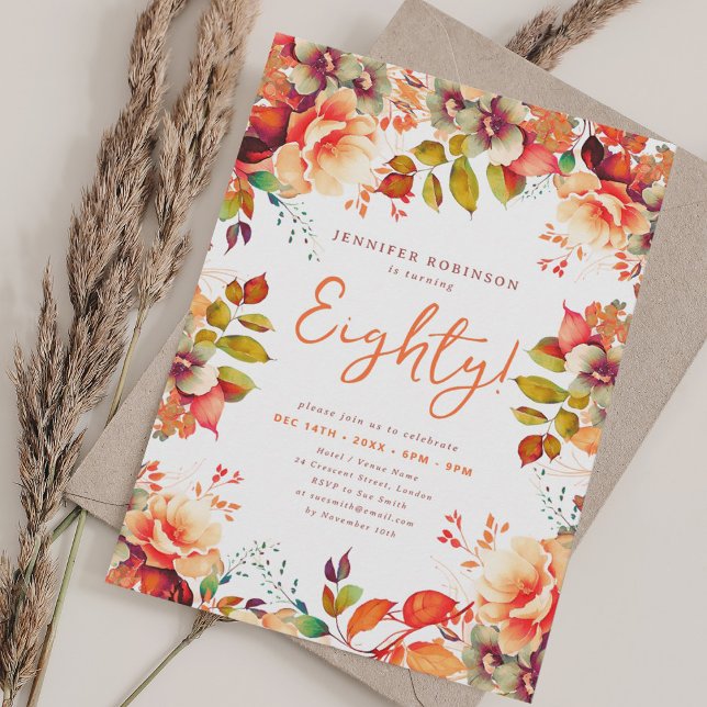 Convites Elegante Outono Floral Aquarela 80 Aniversário  (Elegant Fall Autumn Watercolor Floral 80 Birthday Invitation)