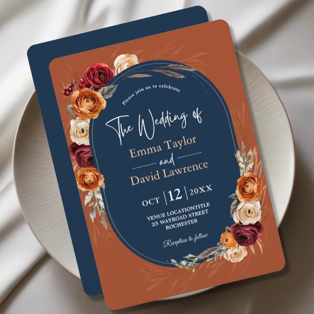 Convites Elegante outono laranja naval floral casamento (Criador carregado)