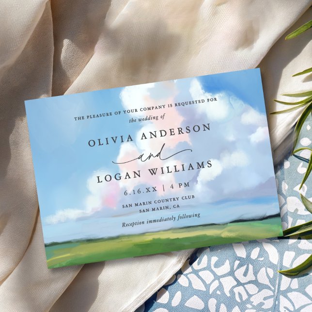 Convites Elegante Paisagem Pintada Céu Azul Nuvens Casament (Criador carregado)