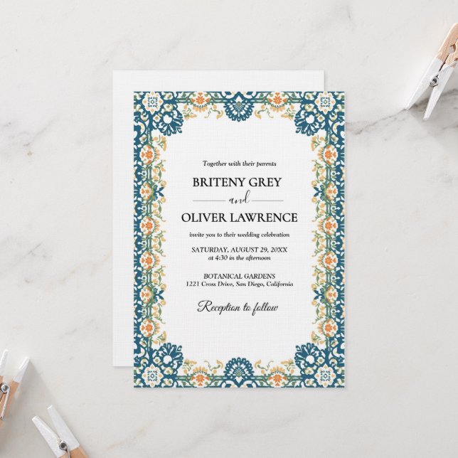 Convites Elegante Papel Picado Azul para desbastar (Frente/Verso In Situ)