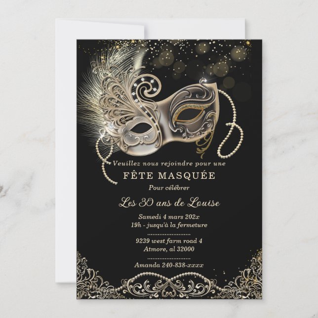 Convites Elegante para Aniversário de Festa Mascarada (Frente)