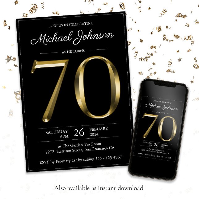 Convites Elegante Para Ele, Dourado 70 Aniversário (Black 70th Birthday Solid Gold Text Modern Classy Invitation)