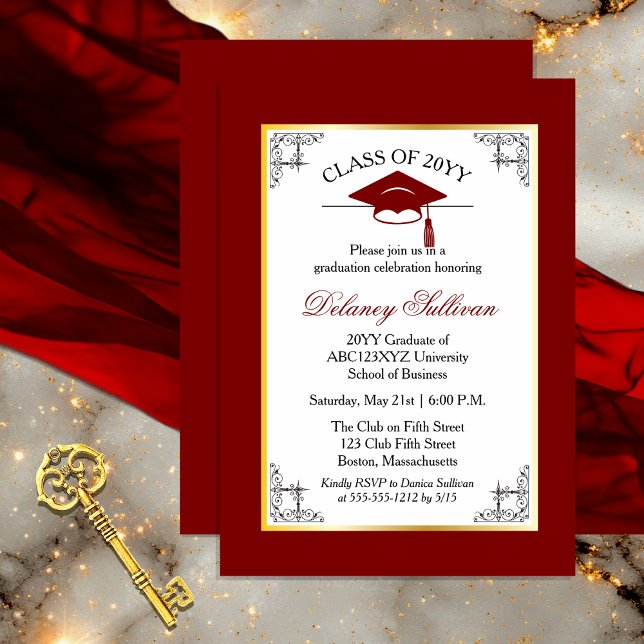 Convites Elegante Partido Formal do Formandos Dourado (Elegant Formal Gold Tone and Dark Red College | University Graduation Party Invitation )