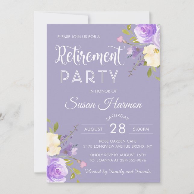 Convites Elegante Pastel Purple Floral Retirement Party (Frente)