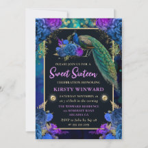 Elegante Pavão Floral Azul e Roxo Sweet 16