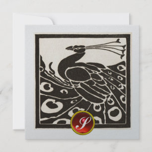 CONVITES ELEGANTE PAVÃO PRETO PRATA, MONOGRAMA DE GEMA RUBI