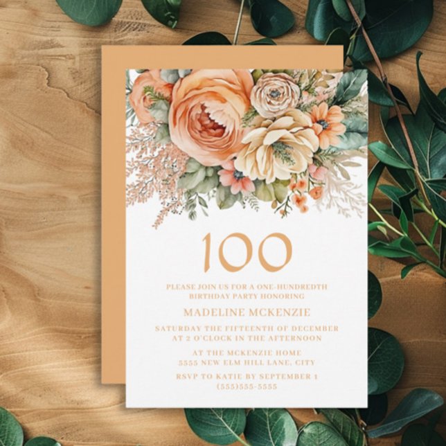 Convites Elegante Peach Cream Floral 100º Aniversário (Peach and cream-colored watercolor floral 100th birthday party invitation)