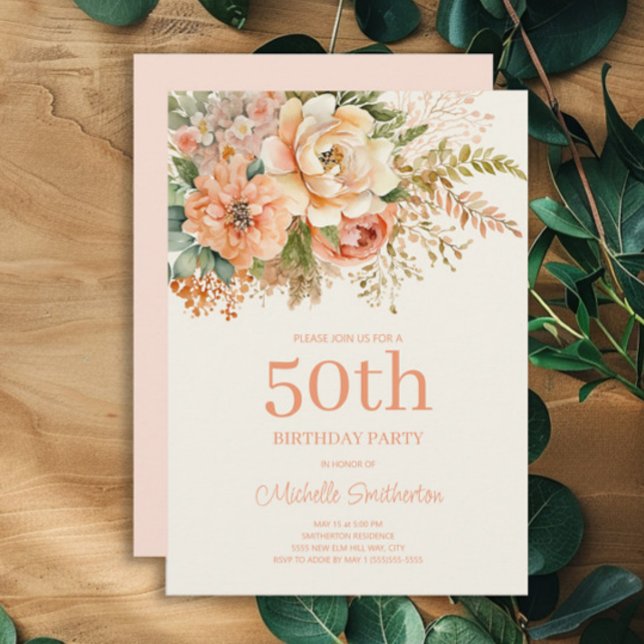 Convites Elegante Peach Cream Floral 50º Aniversário (Peach and cream floral 50th birthday party invitation)