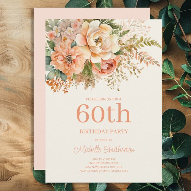 Convites Elegante Peach Cream Floral 60º Aniversário (Peach and cream-colored watercolor floral 60th birthday party invitation)