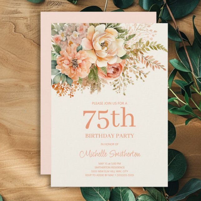 Convites Elegante Peach Cream Floral 75º Aniversário (Peach and cream watercolor floral 75th birthday party invitation)
