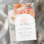 Convites Elegante Peach Floral aniversário de 40 anos<br><div class="desc">Com um charme elegante, este convite para aniversário de 40 anos floral de pêssego e aquarela branca é uma bela escolha para celebrar um aniversário especial. Apresenta um buquê encantador de pêssego e marfim de cor branca, eucalipto e verde rasteira em um fundo verde-claro e neutro. Os emparelhamentos faciais do...</div>