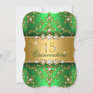Convites Elegante Pearl Damask Green Quinceanera