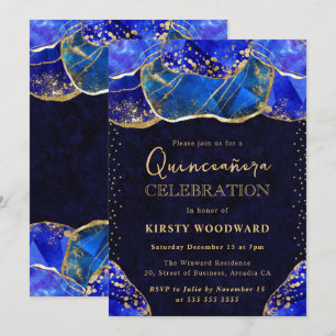 Convites Elegante Pedra de Cristal Azul Dourado Quinceanera
