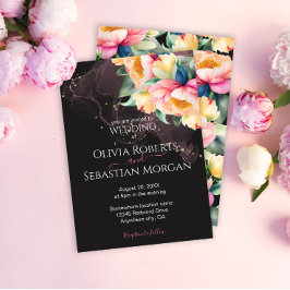 Convites Elegante Peônia Aquarela em Preto | Casamento
