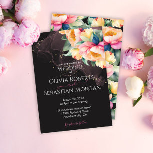 Convites Elegante Peônia Aquarela em Preto   Casamento 
