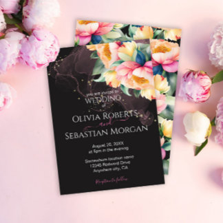 Convites Elegante Peônia Aquarela em Preto | Casamento