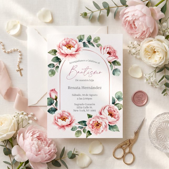 Convites Elegante Peônia Rosa Bege Bautismo (Criador carregado)