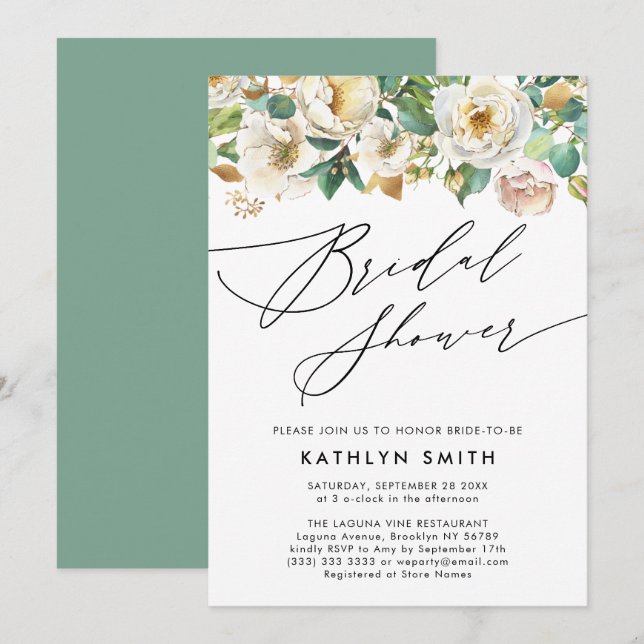 Convites Elegante Peony Botanical Greenery Chá de panela (Frente/Verso)