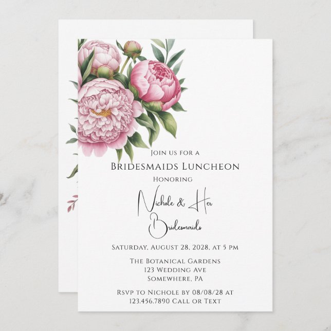 Convites Elegante Peony Floral Bridesmaids Luncheon (Frente/Verso)