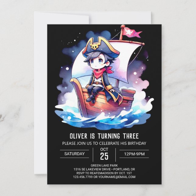 Convites Elegante Pequeno Aniversário Pirata (Frente)