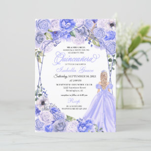 Convites Elegante Periwinkle Blue Floral Quinceanera