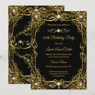 Convites Elegante Pérola Damasco Preto Dourado Aniversário