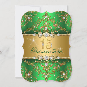 Convites Elegante Pérola Damasco Verde Quinceanera