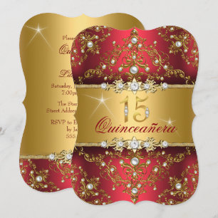 Convites Elegante Pérola Damasco Vermelho Quinceanera