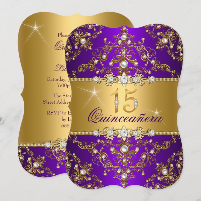 Convites Elegante Pérola Damasko Roxo Quinceanera (Frente/Verso)
